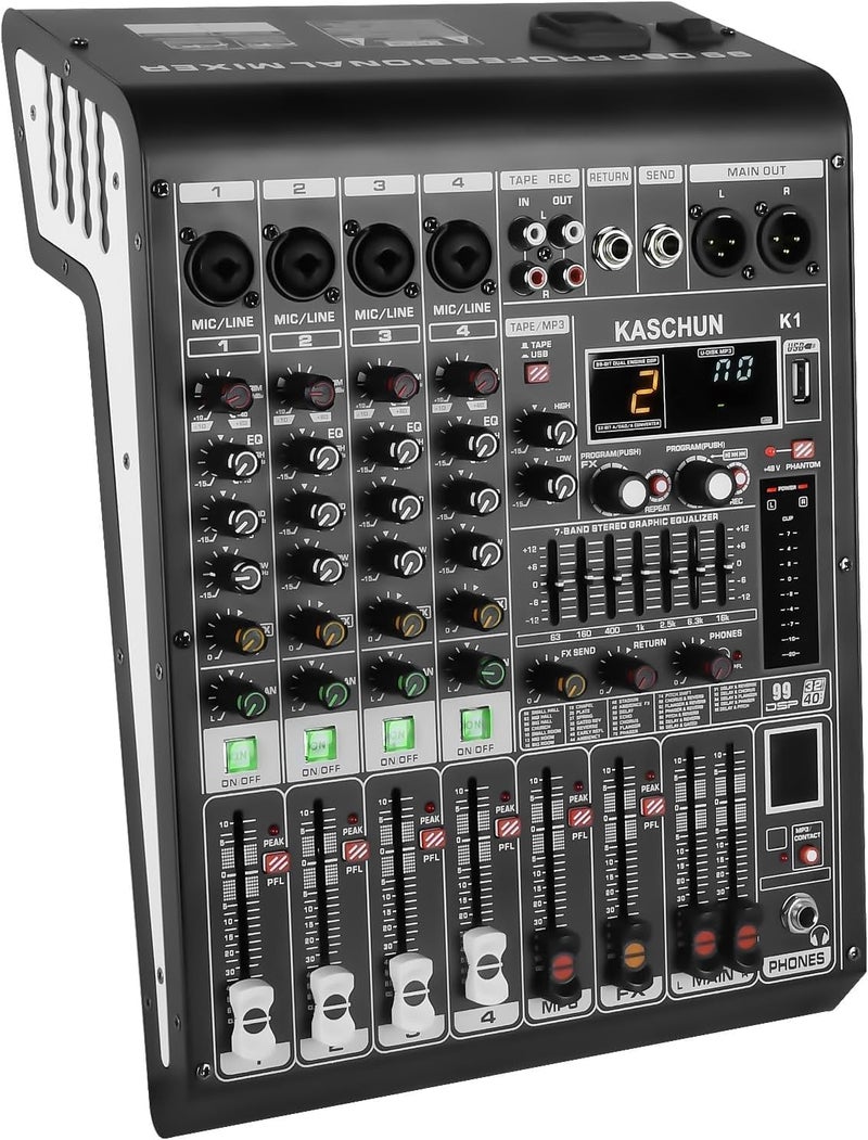 Kaschun 4 Channel Audio Mixer Sound Board Console System with 99 Bit DSP, 48V Phantom Power, Bluetooth - USB MP3 Computer Input - DJ Mixer for DJ Karaoke Studio Streaming Recording - Image 1